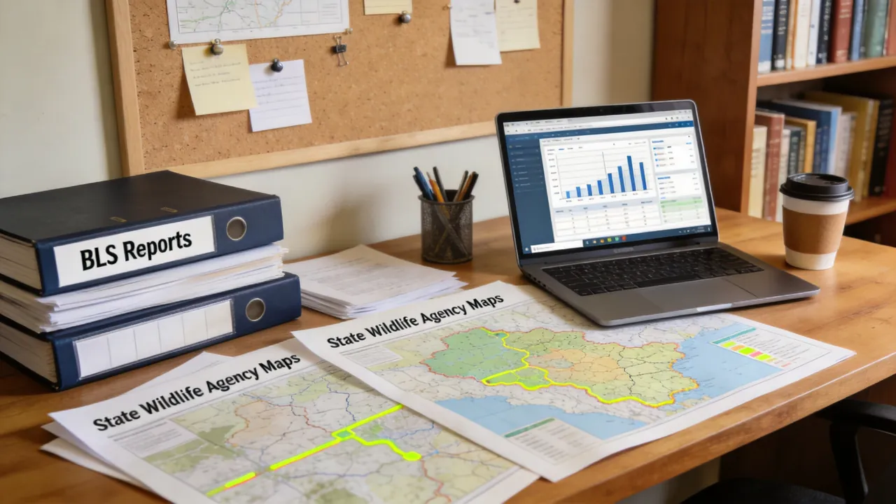 WardenTools editorial workspace with research materials, BLS reports, and maps of state wildlife agencies