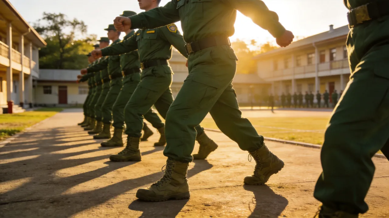 Game warden academy cadets in formation during morning physical training at a residential academy