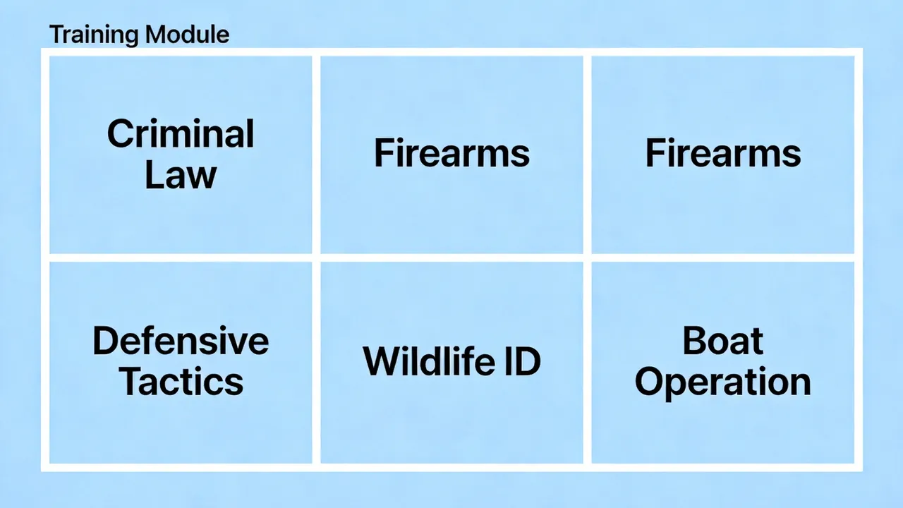 Grid of academy training modules: criminal law, firearms, defensive tactics, wildlife ID, boat operation, search and rescue