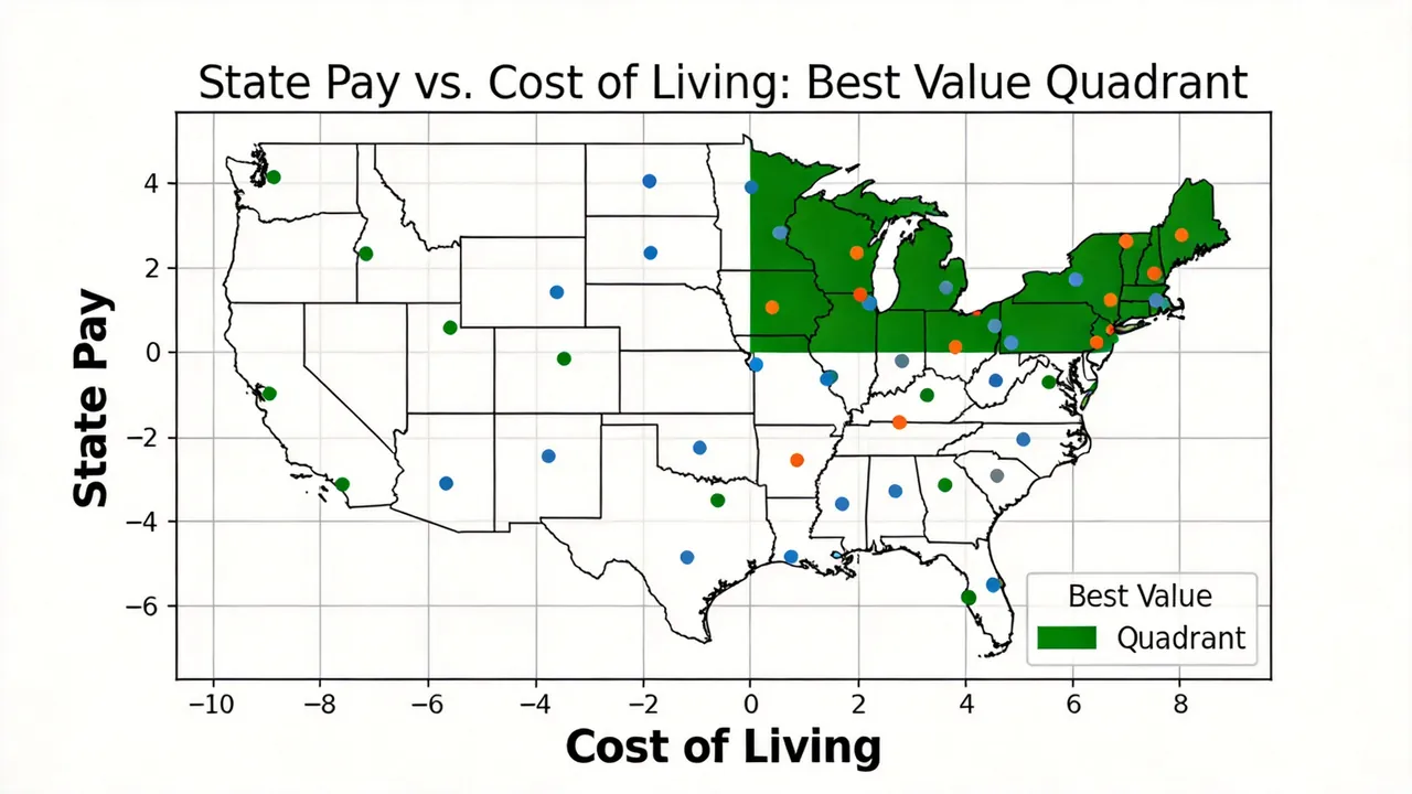 US map color-coded by game warden opportunity score combining pay, jobs, and cost of living