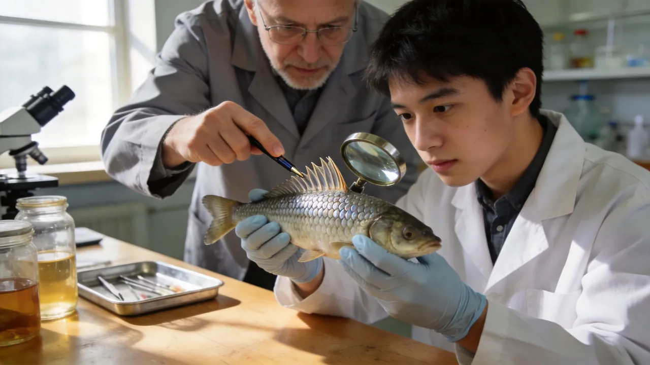 College student in a wildlife biology lab examining a fish specimen under guidance of a professor