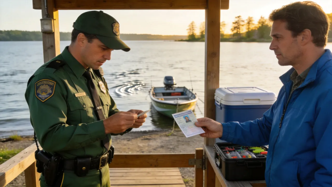 Game warden inspecting a fishing license at a lakeside checkpoint with a boat in the background