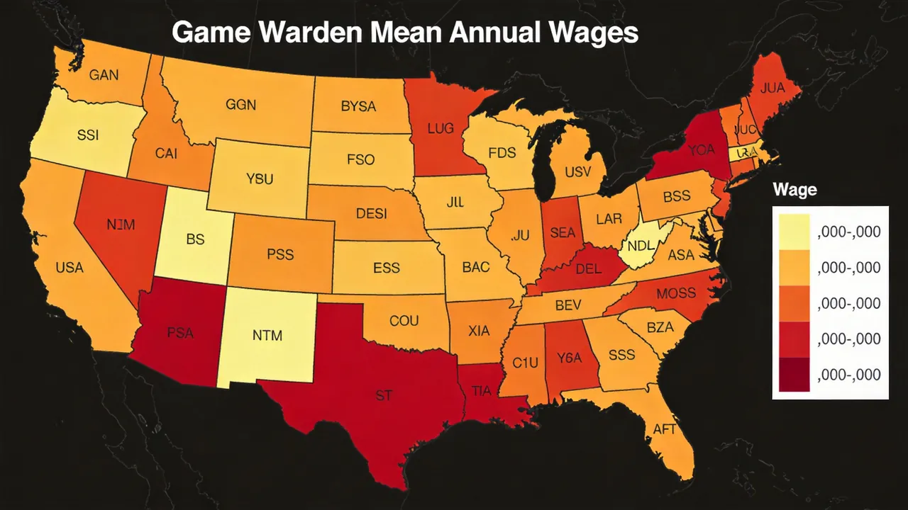 Full US choropleth map of game warden mean annual wages by state with legend