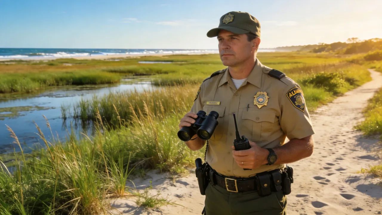 Alabama game warden in uniform patrolling a coastal wildlife area, water setting