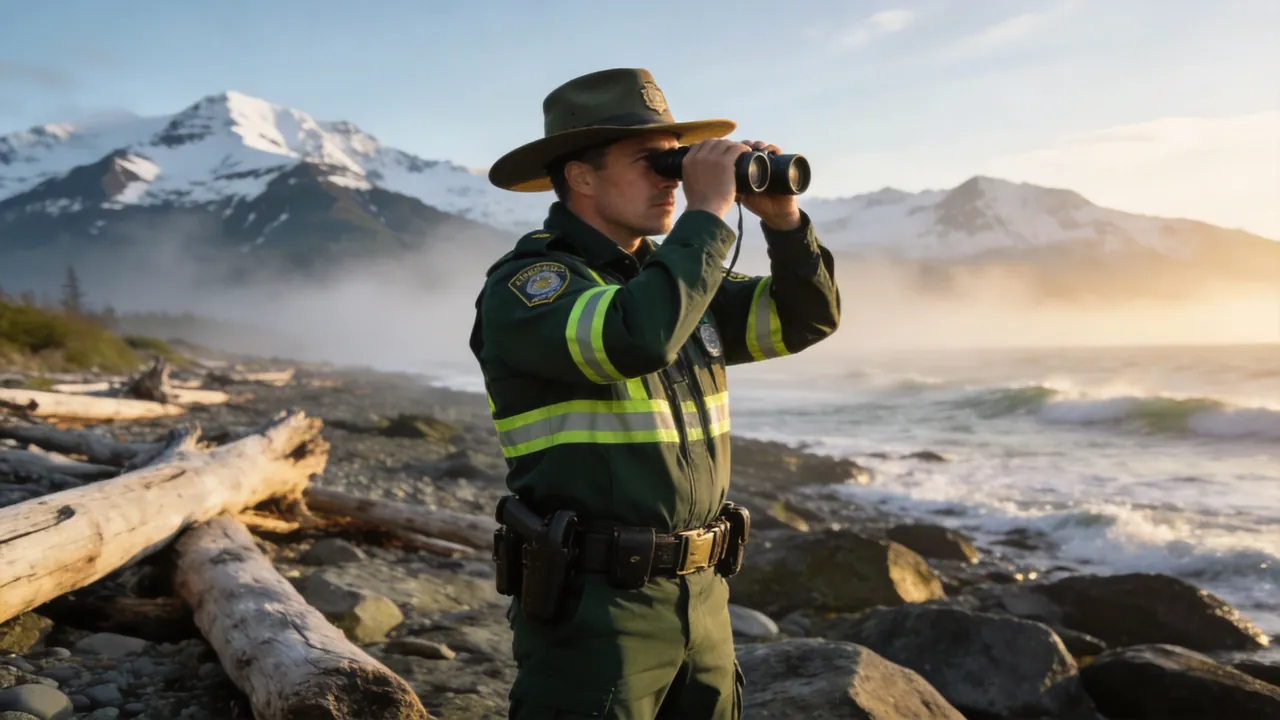 Alaska game warden in uniform patrolling a coastal wildlife area, water setting