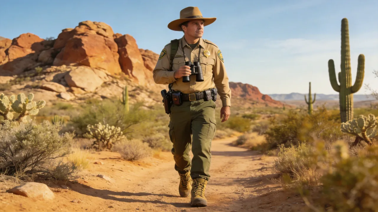 Arizona game warden in uniform patrolling a forested wildlife area, outdoor setting