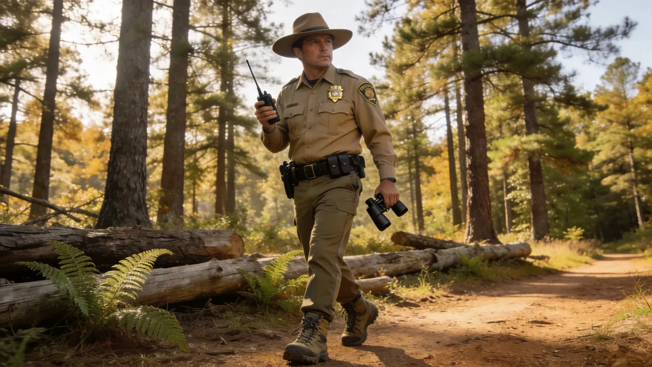 Arkansas game warden in uniform patrolling a forested wildlife area, outdoor setting