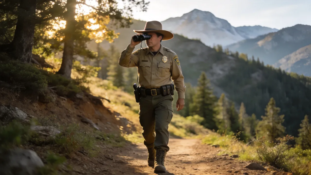 California game warden in uniform patrolling a coastal wildlife area, water setting