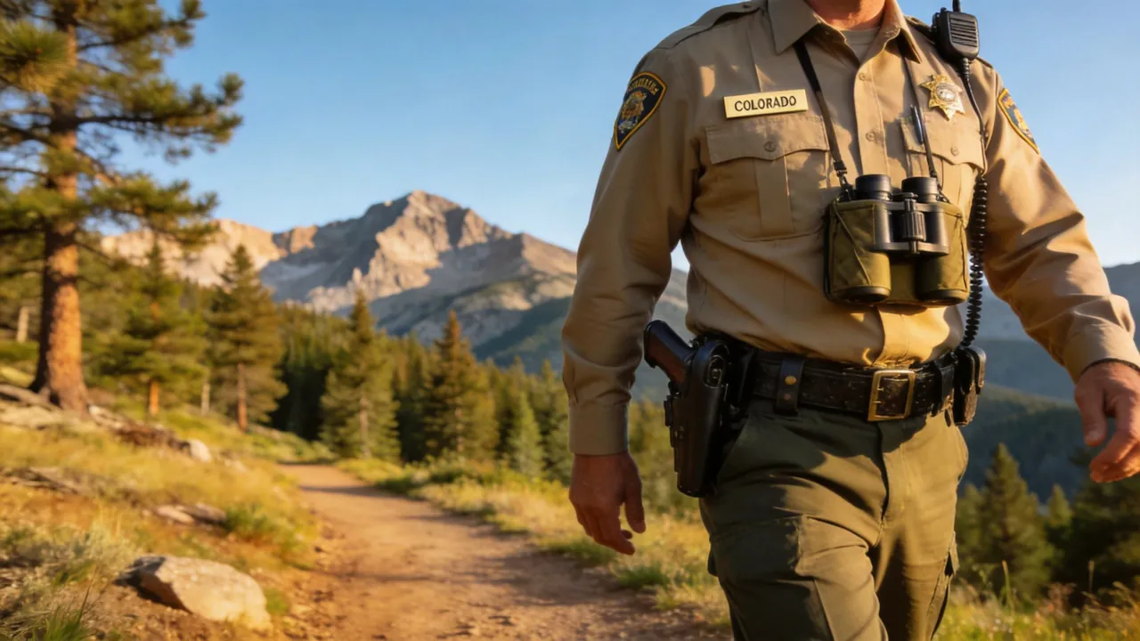 Colorado game warden in uniform patrolling a forested wildlife area, outdoor setting