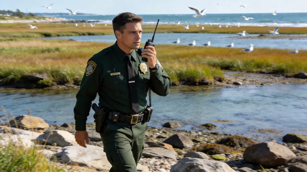 Connecticut game warden in uniform patrolling a coastal wildlife area, water setting