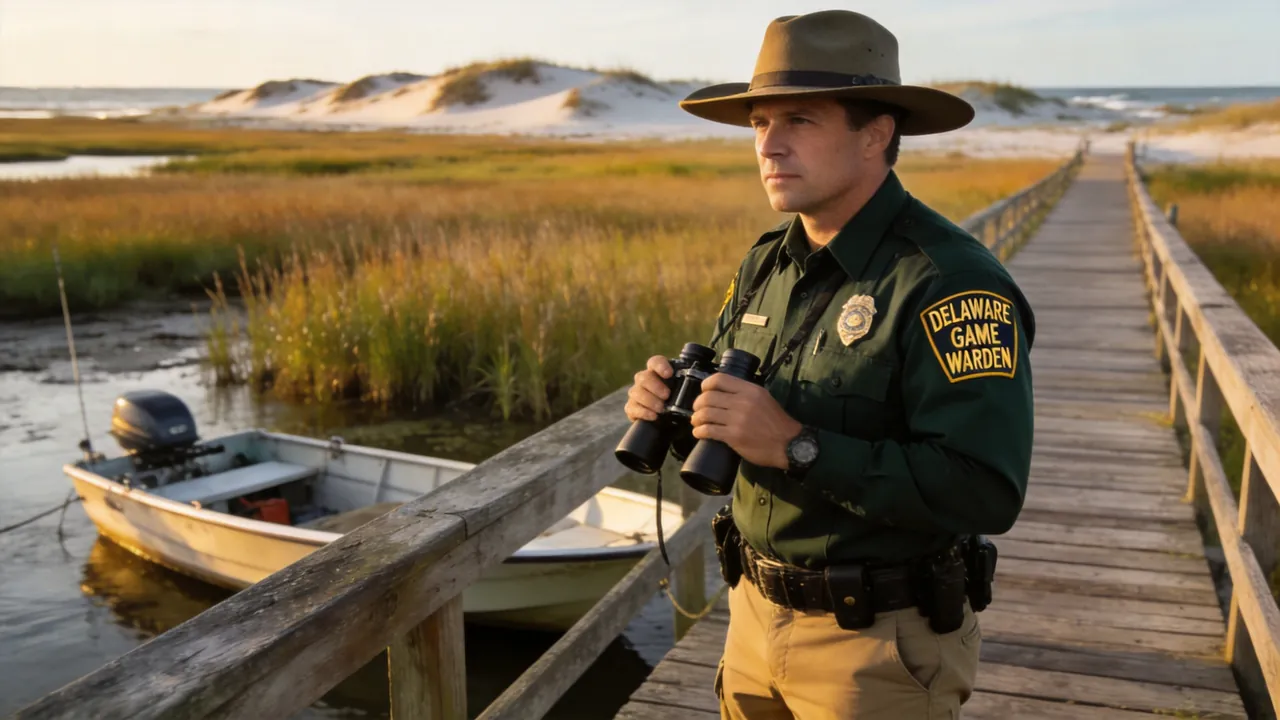 Delaware game warden in uniform patrolling a coastal wildlife area, water setting