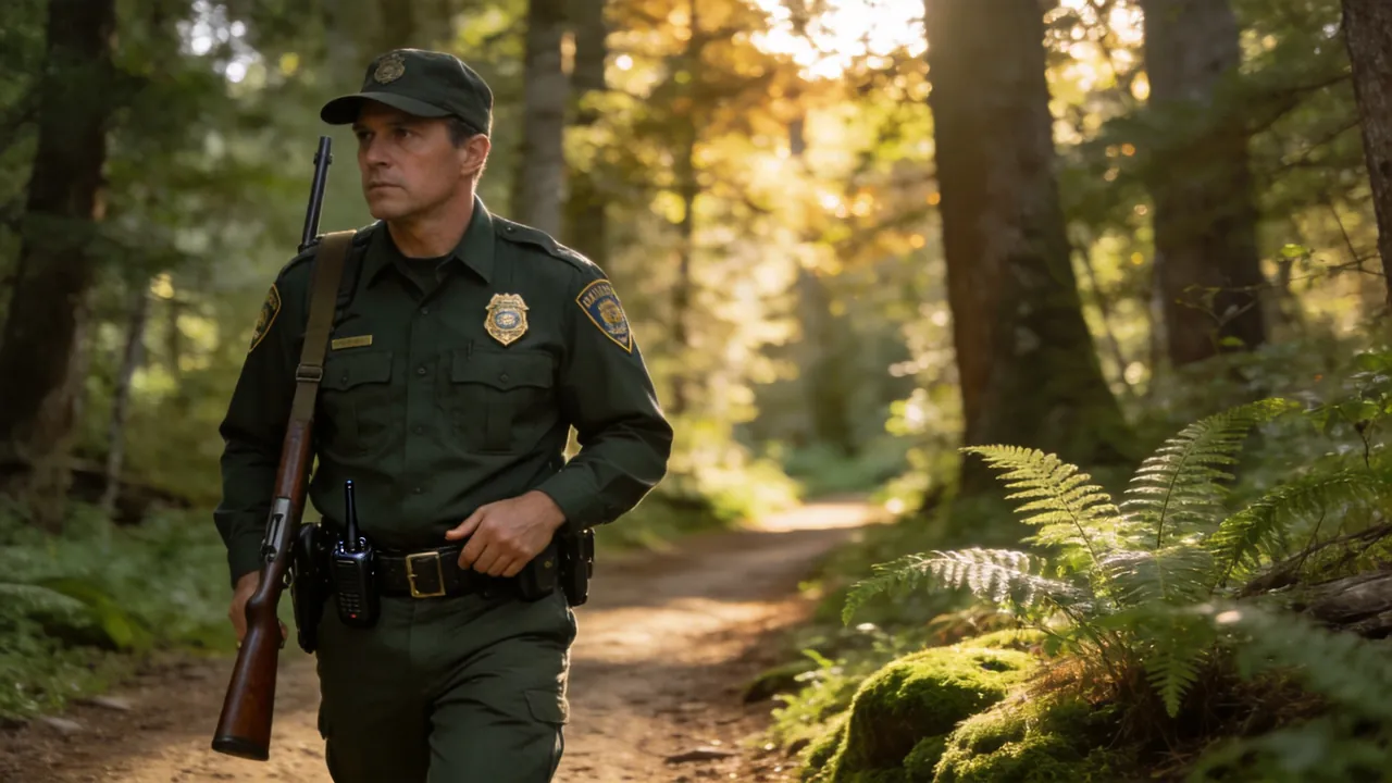 District of Columbia game warden in uniform patrolling a forested wildlife area, outdoor setting
