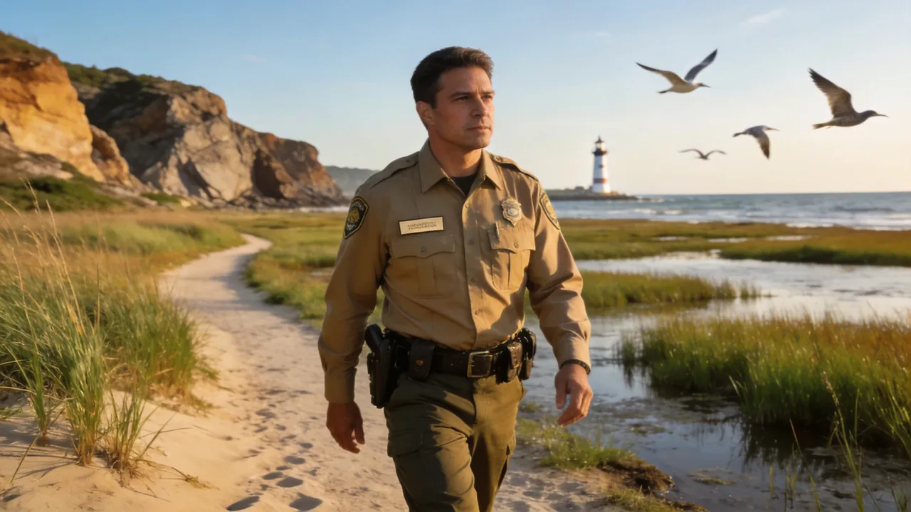 Florida game warden in uniform patrolling a coastal wildlife area, water setting