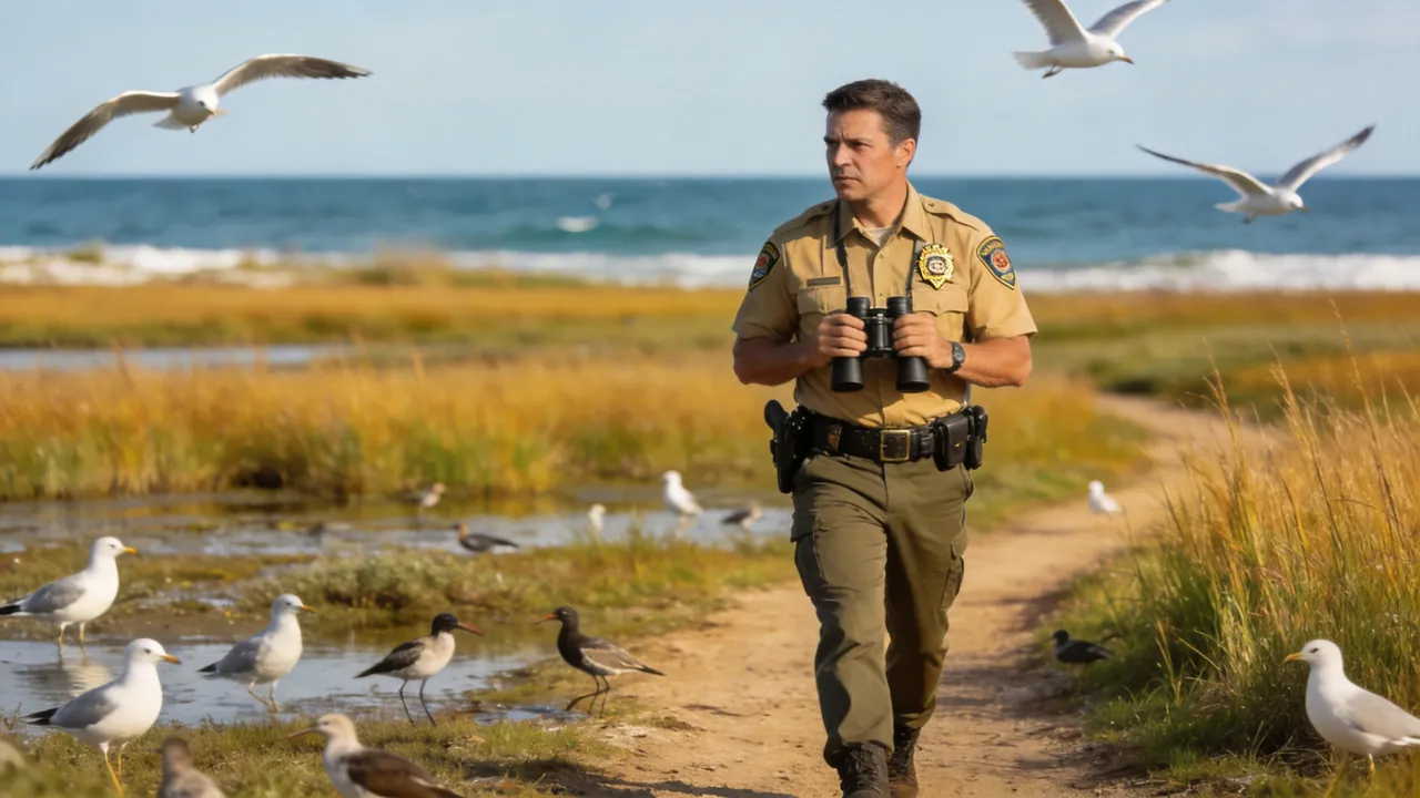 Georgia game warden in uniform patrolling a coastal wildlife area, water setting