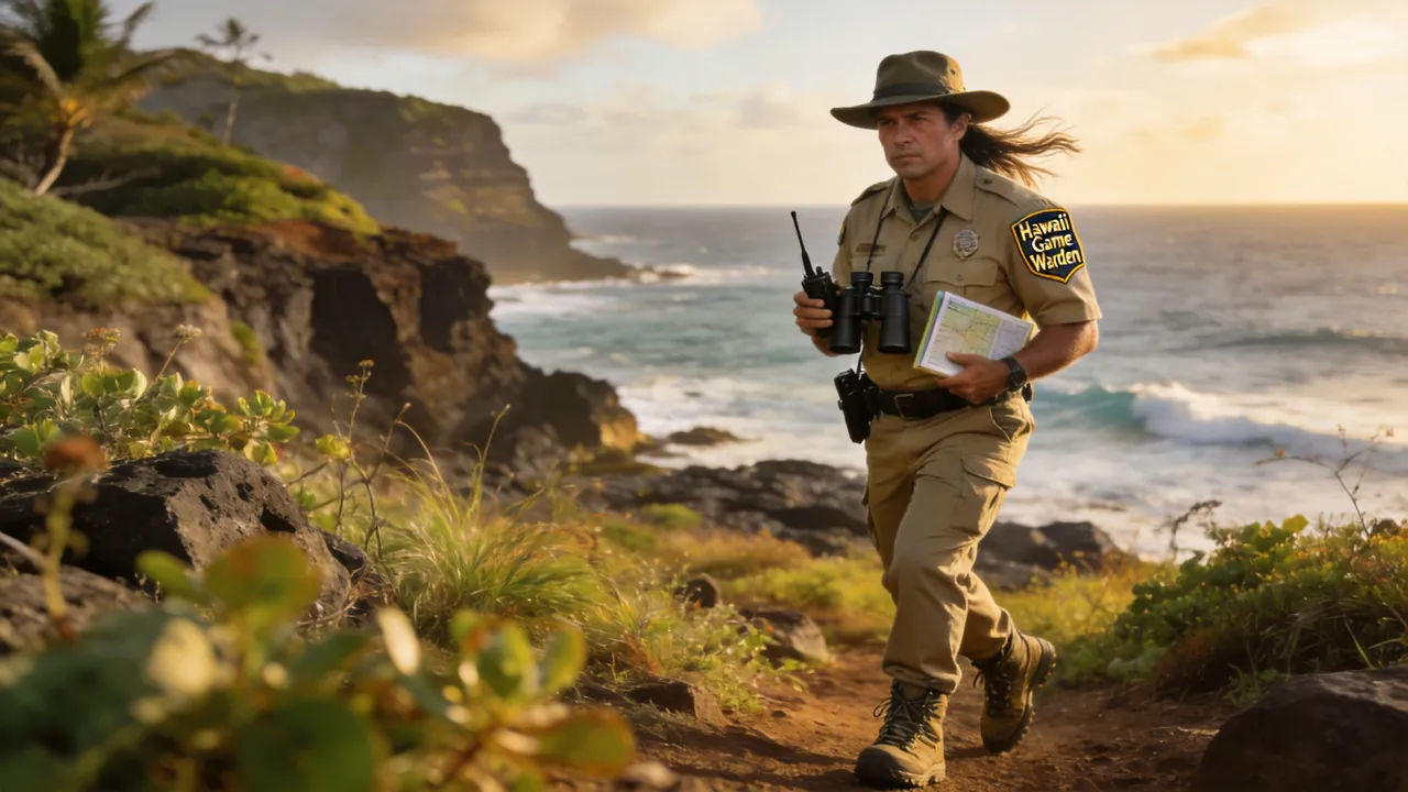 Hawaii game warden in uniform patrolling a coastal wildlife area, water setting