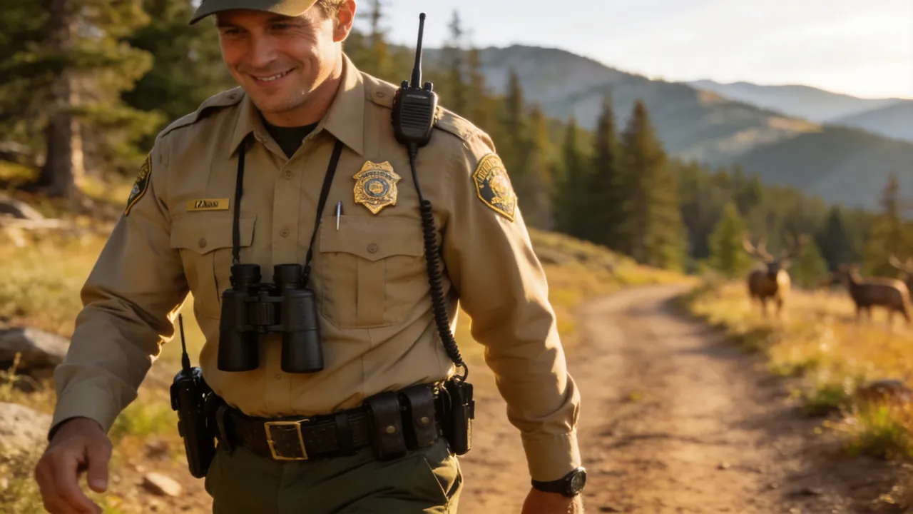 Idaho game warden in uniform patrolling a forested wildlife area, outdoor setting