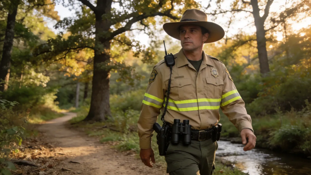 Illinois game warden in uniform patrolling a forested wildlife area, outdoor setting