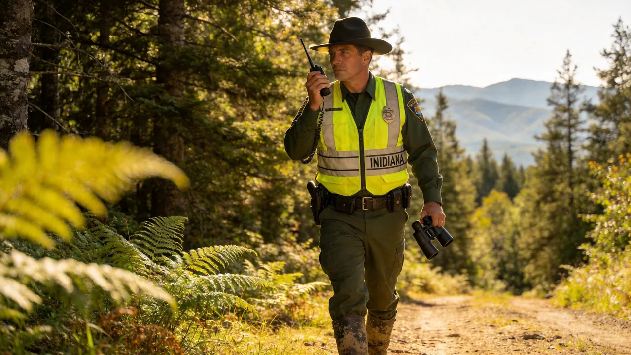 Indiana game warden in uniform patrolling a forested wildlife area, outdoor setting