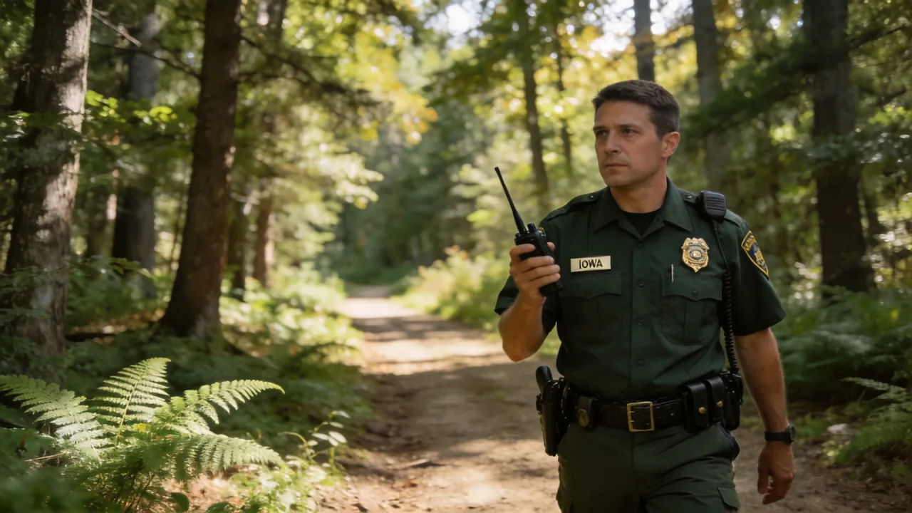 Iowa game warden in uniform patrolling a forested wildlife area, outdoor setting