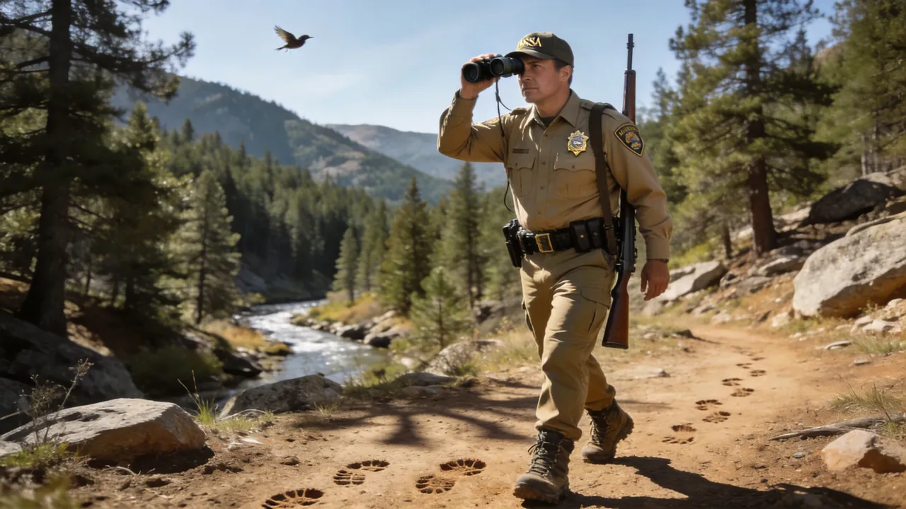 Kansas game warden in uniform patrolling a forested wildlife area, outdoor setting