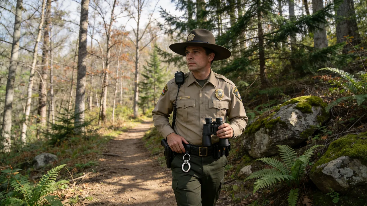 Kentucky game warden in uniform patrolling a forested wildlife area, outdoor setting