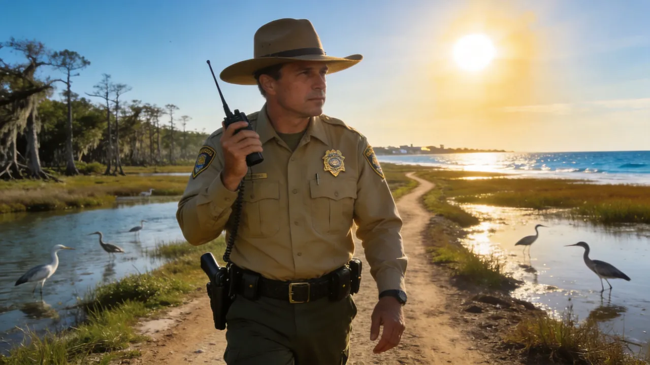 Louisiana game warden in uniform patrolling a coastal wildlife area, water setting