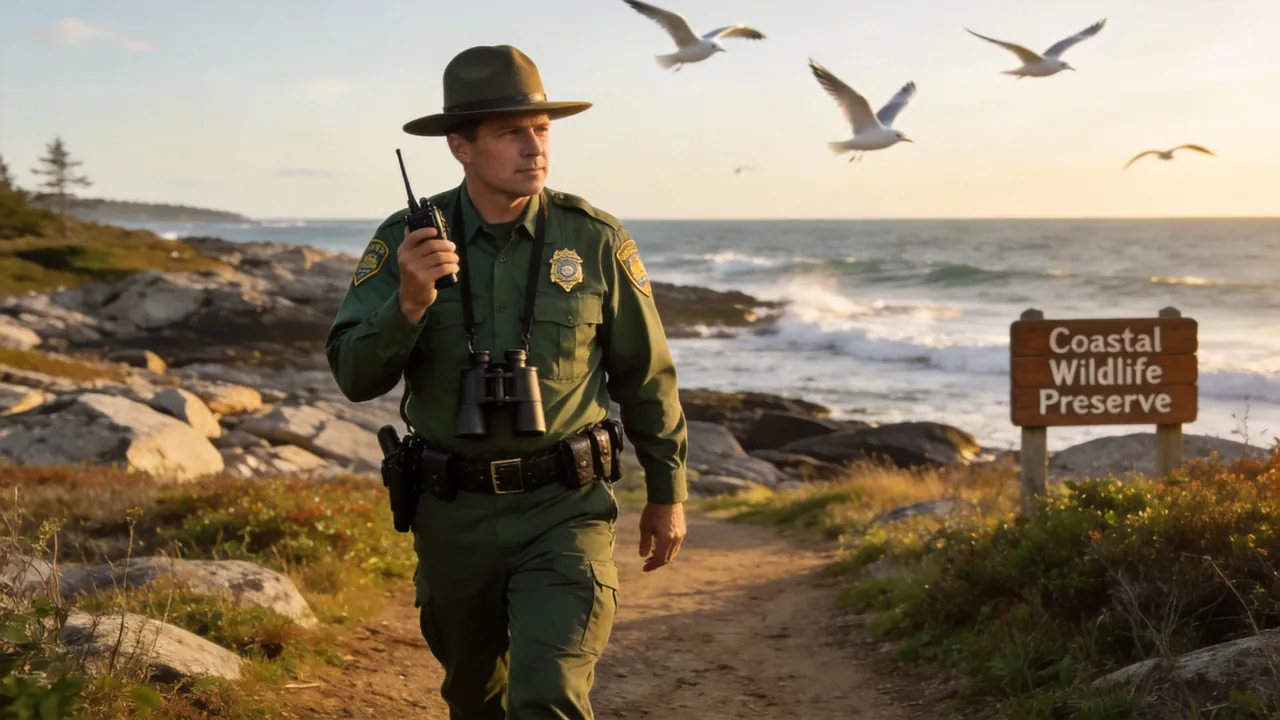 Maine game warden in uniform patrolling a coastal wildlife area, water setting