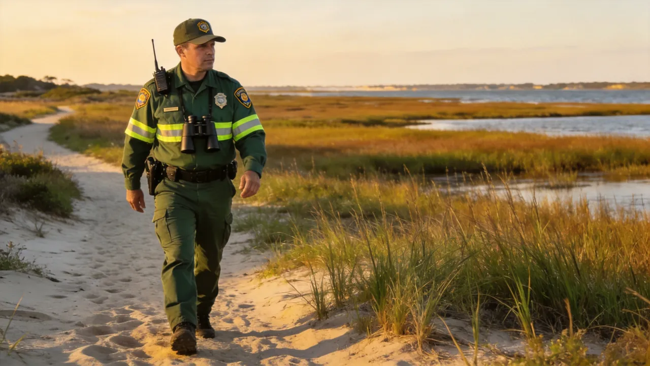 Maryland game warden in uniform patrolling a coastal wildlife area, water setting