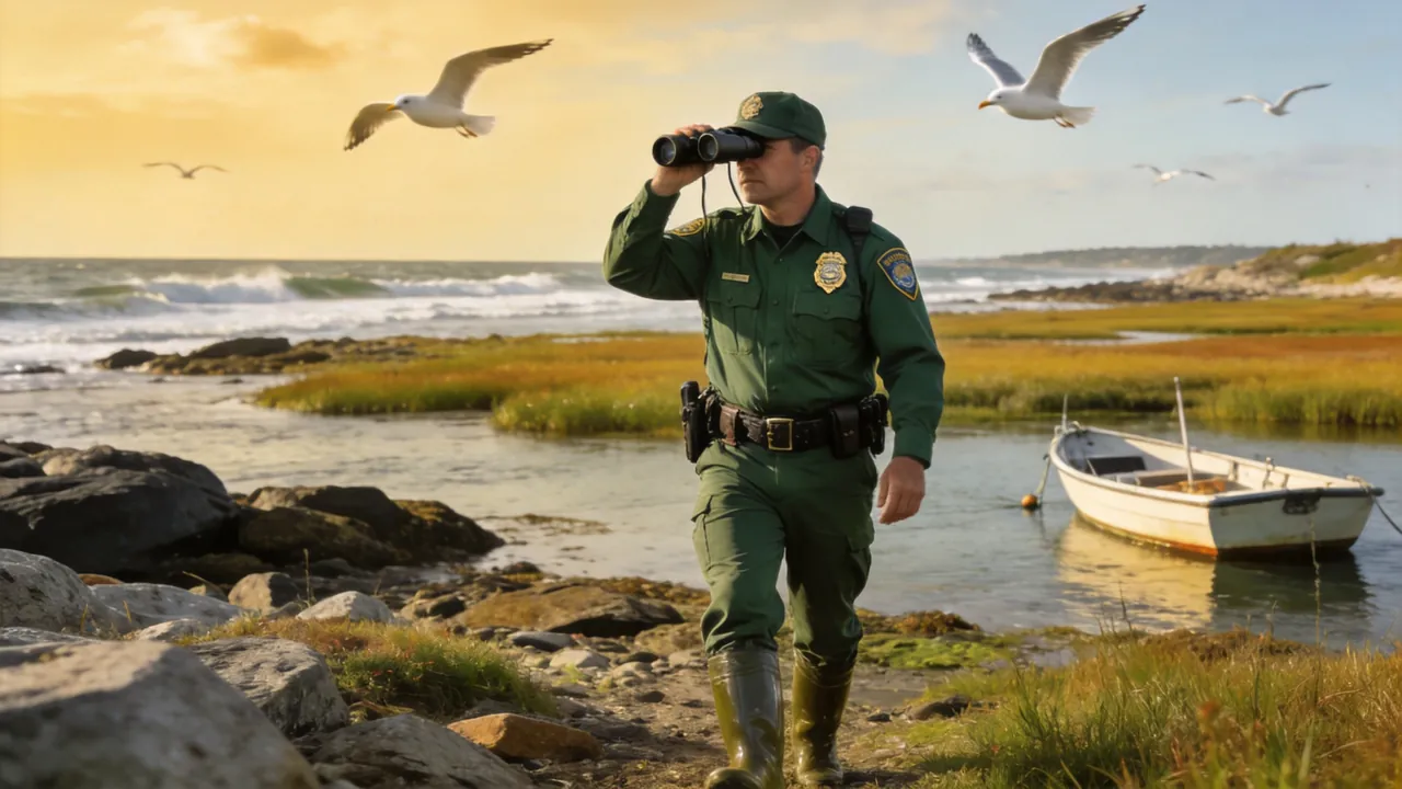 Massachusetts game warden in uniform patrolling a coastal wildlife area, water setting