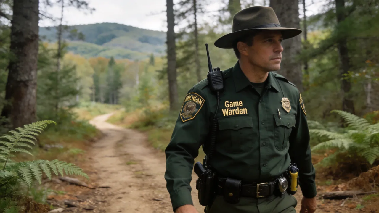 Michigan game warden in uniform patrolling a forested wildlife area, water setting