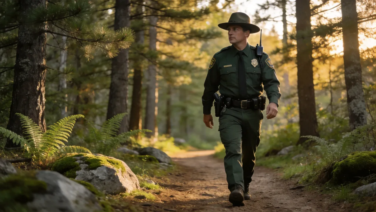 Minnesota game warden in uniform patrolling a forested wildlife area, water setting