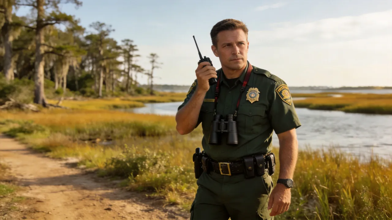 Mississippi game warden in uniform patrolling a coastal wildlife area, water setting