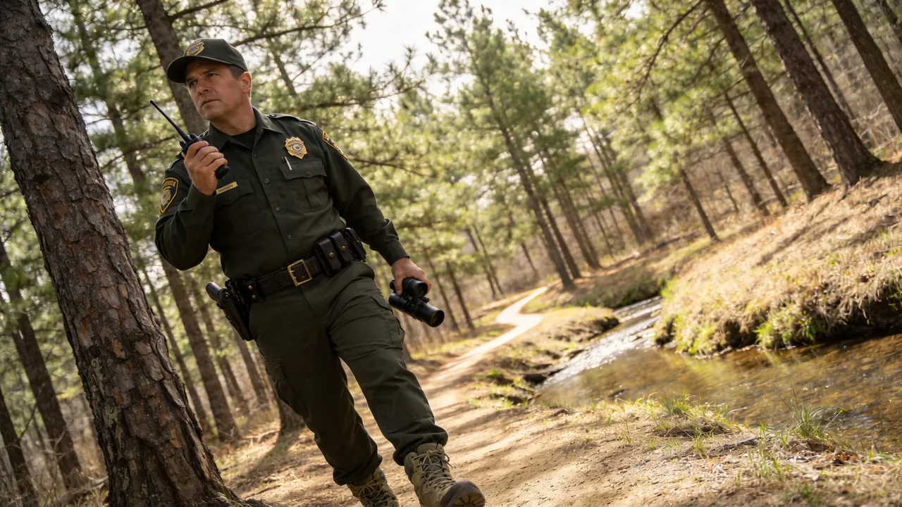 Missouri game warden in uniform patrolling a forested wildlife area, outdoor setting