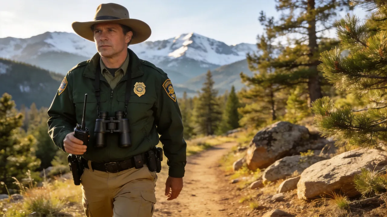 Montana game warden in uniform patrolling a forested wildlife area, outdoor setting