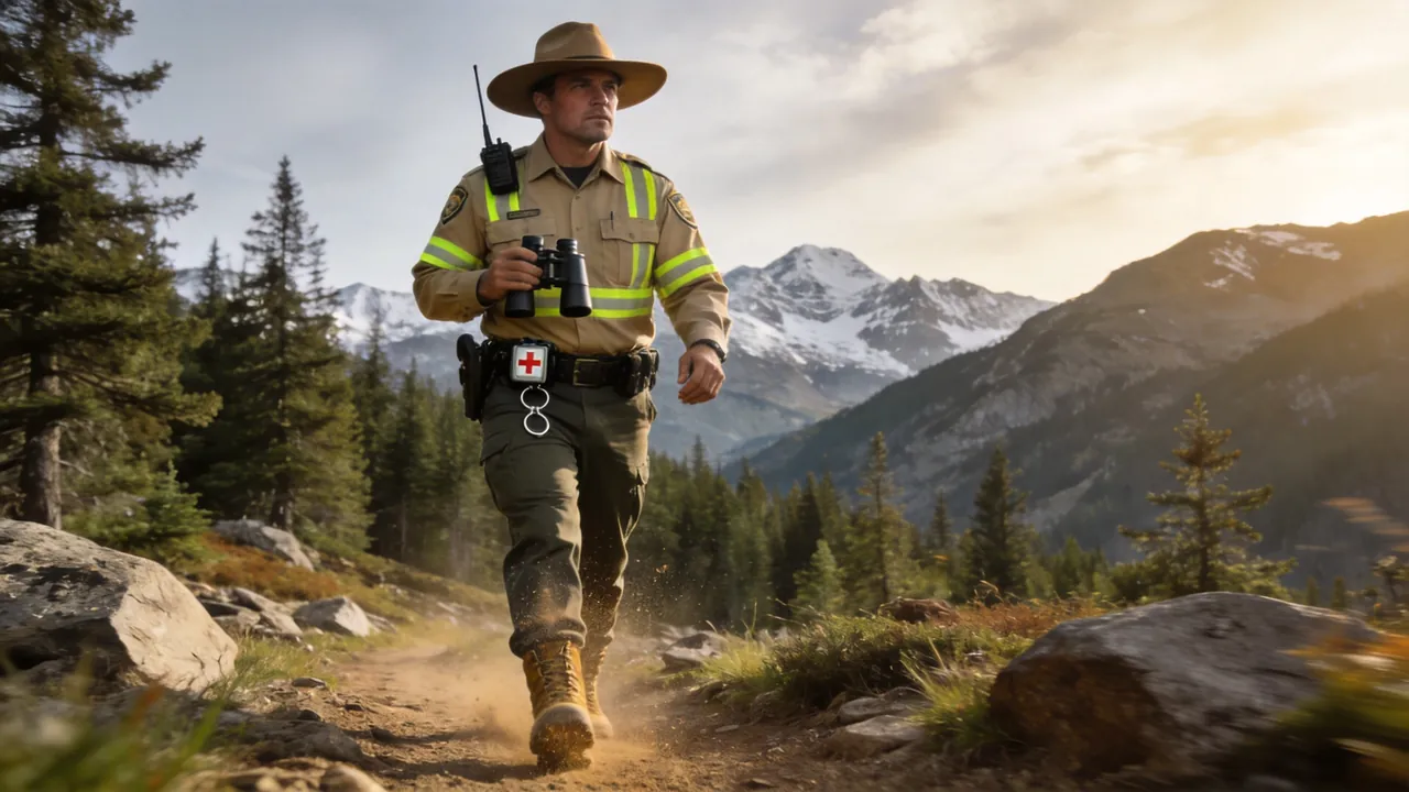 Nebraska game warden in uniform patrolling a forested wildlife area, outdoor setting