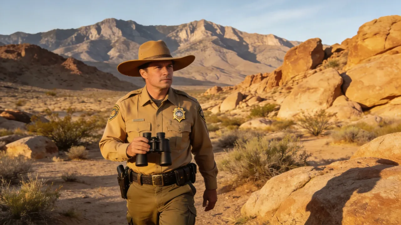 Nevada game warden in uniform patrolling a forested wildlife area, outdoor setting