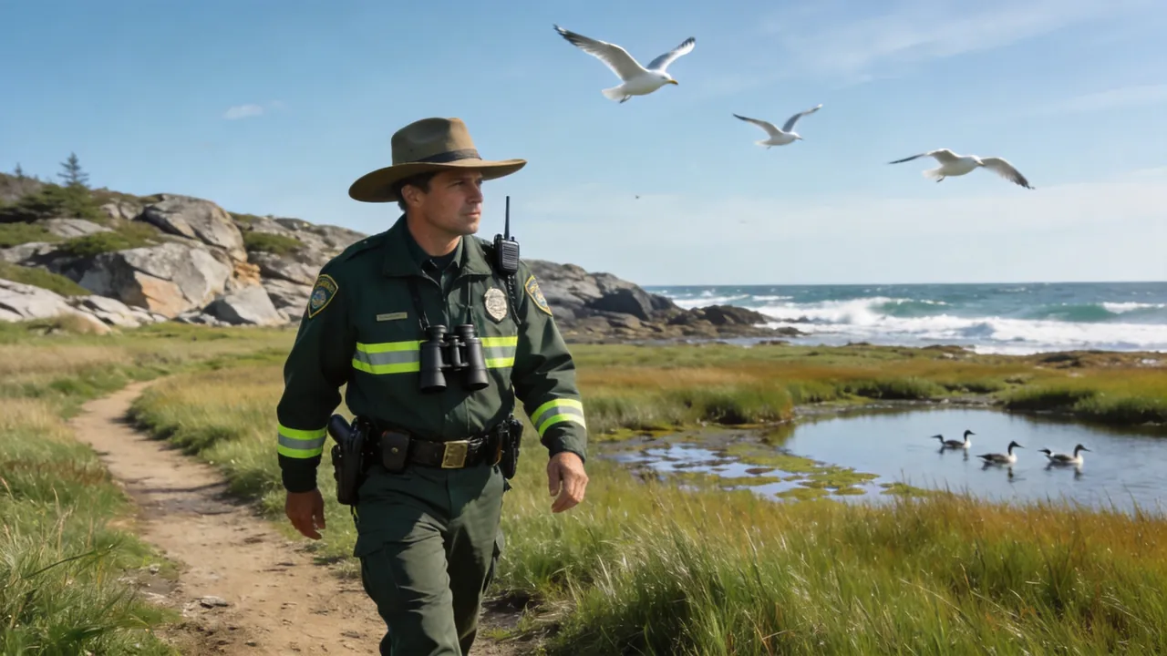 New Hampshire game warden in uniform patrolling a coastal wildlife area, water setting