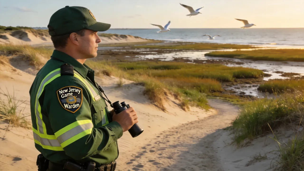 New Jersey game warden in uniform patrolling a coastal wildlife area, water setting