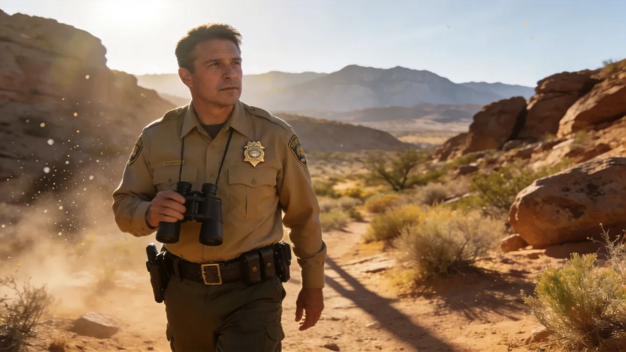 New Mexico game warden in uniform patrolling a forested wildlife area, outdoor setting