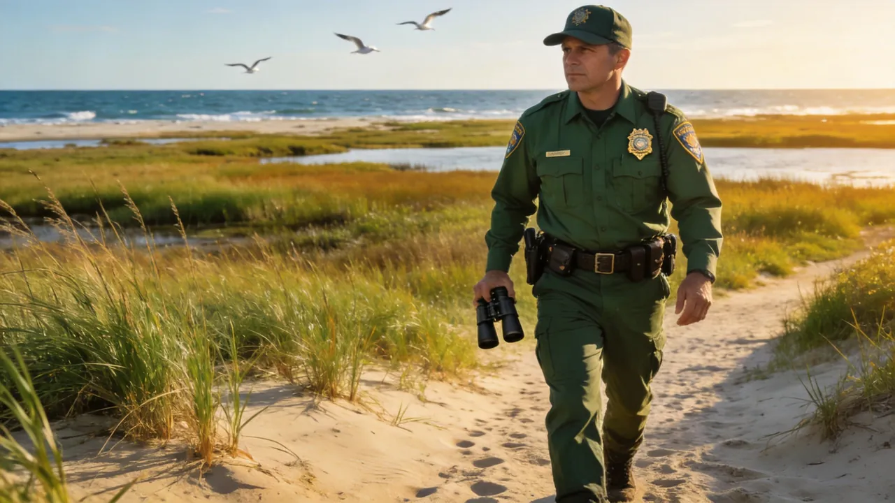 New York game warden in uniform patrolling a coastal wildlife area, water setting