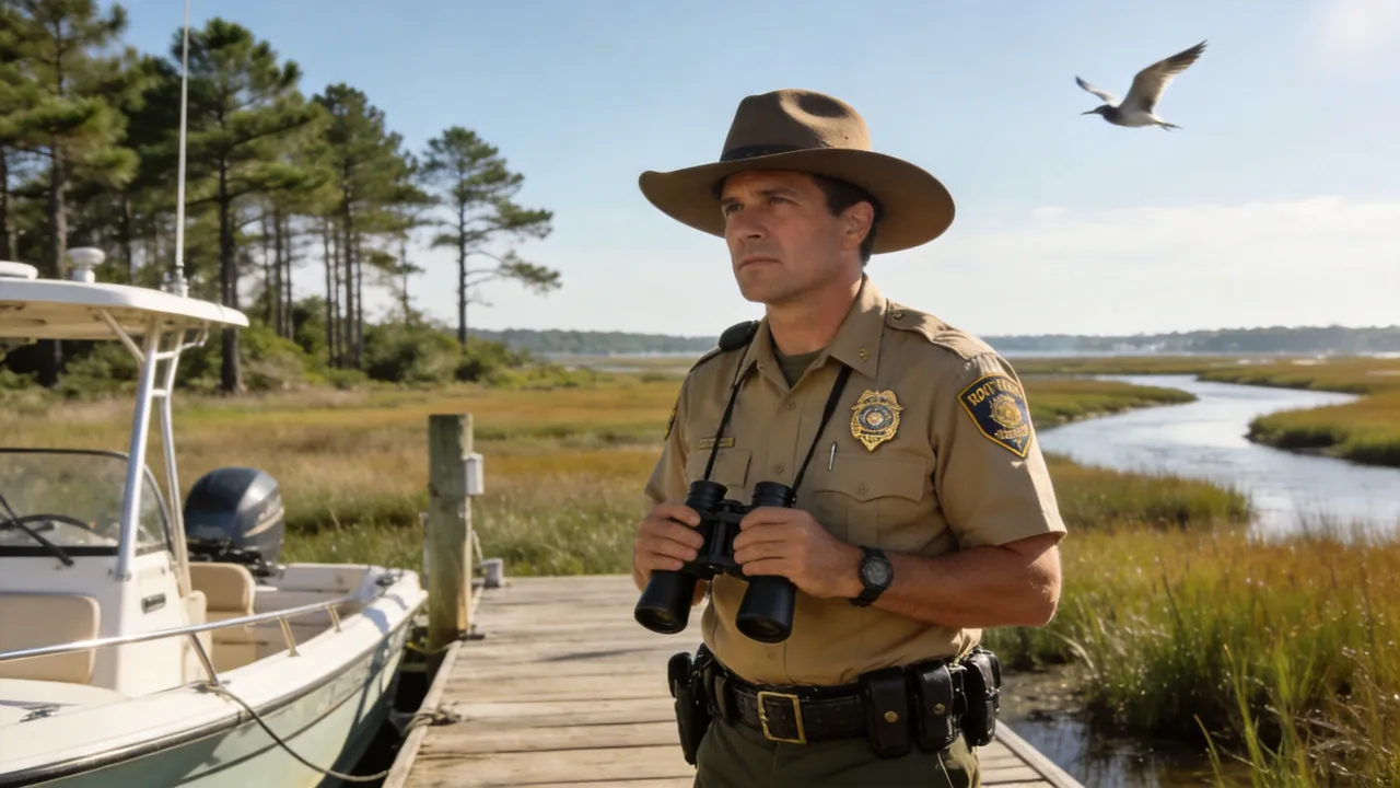 North Carolina game warden in uniform patrolling a coastal wildlife area, water setting
