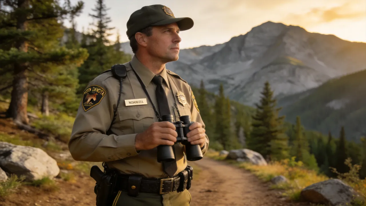 North Dakota game warden in uniform patrolling a forested wildlife area, outdoor setting