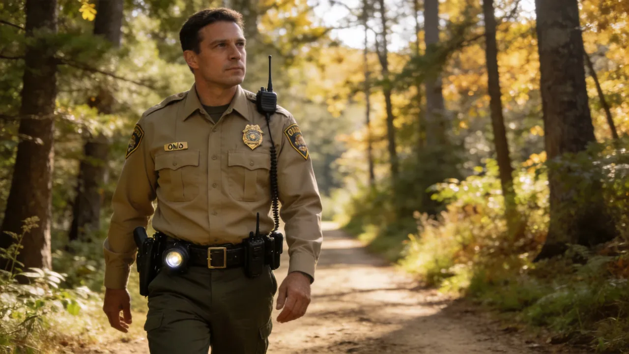 Ohio game warden in uniform patrolling a forested wildlife area, outdoor setting