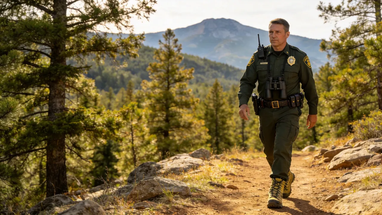 Oklahoma game warden in uniform patrolling a forested wildlife area, outdoor setting