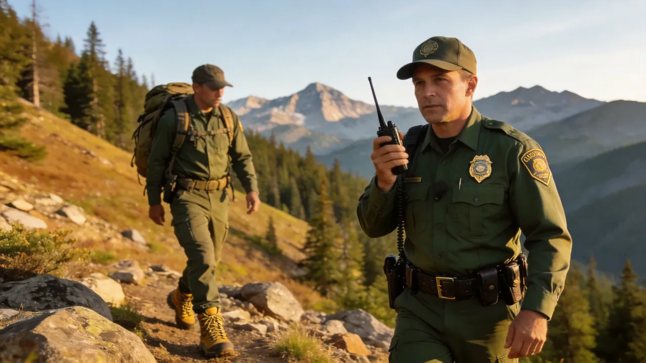 Oregon game warden in uniform patrolling a coastal wildlife area, water setting