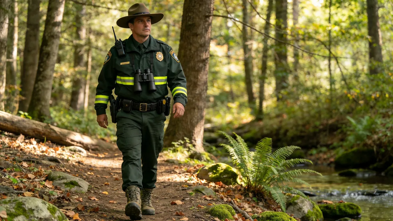 Pennsylvania game warden in uniform patrolling a forested wildlife area, outdoor setting