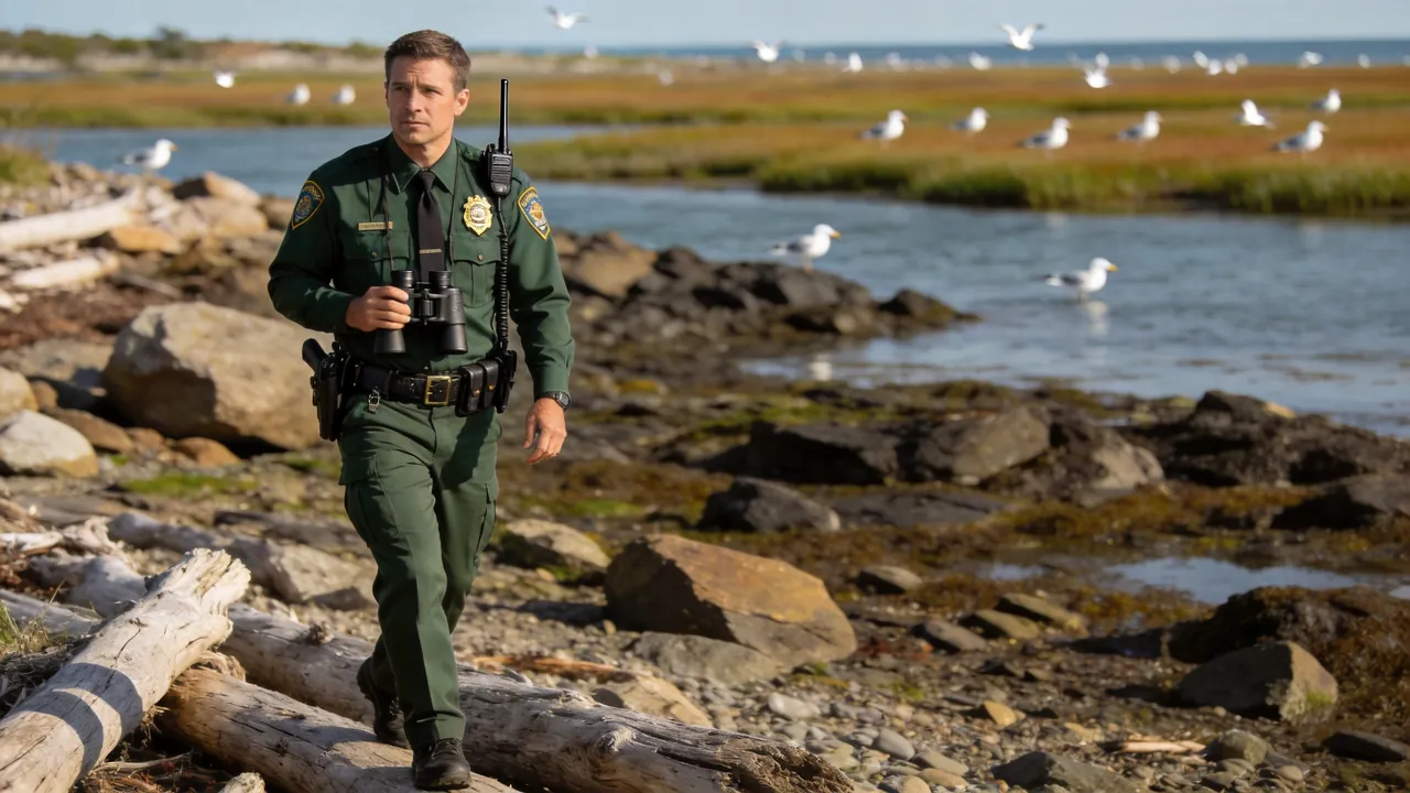 Rhode Island game warden in uniform patrolling a coastal wildlife area, water setting