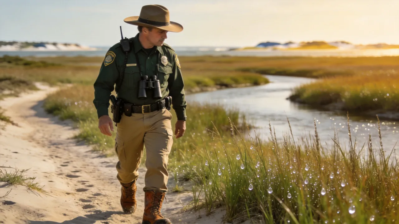 South Carolina game warden in uniform patrolling a coastal wildlife area, water setting