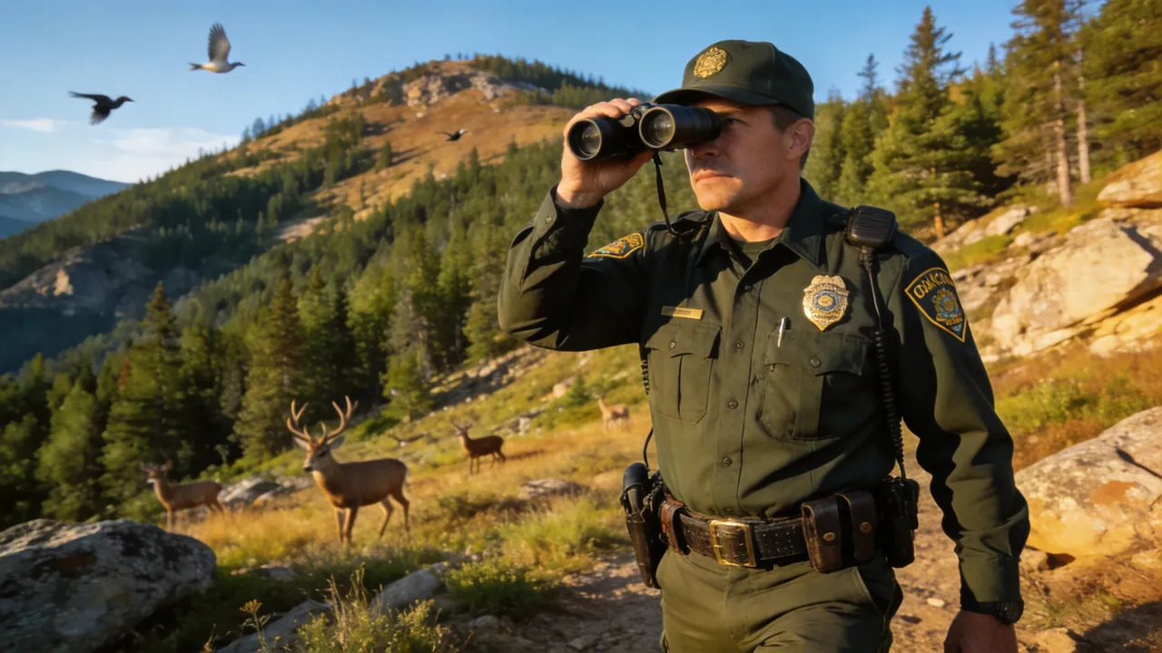 South Dakota game warden in uniform patrolling a forested wildlife area, outdoor setting