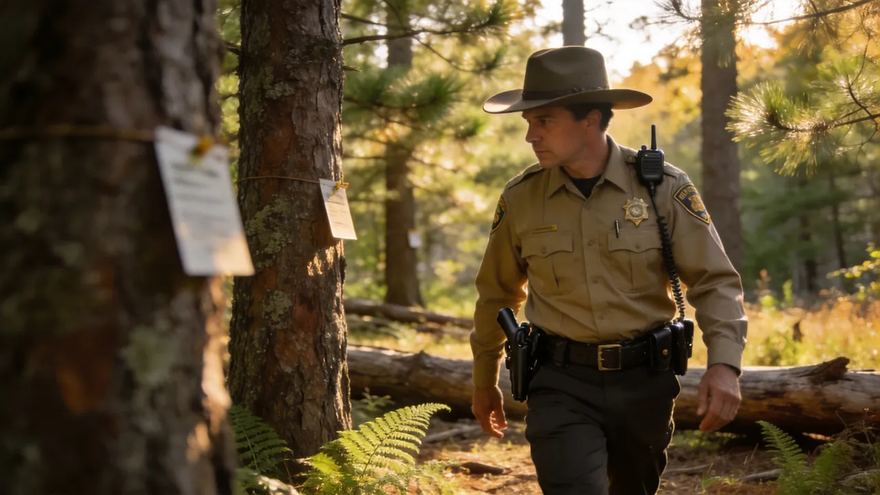 Tennessee game warden in uniform patrolling a forested wildlife area, outdoor setting